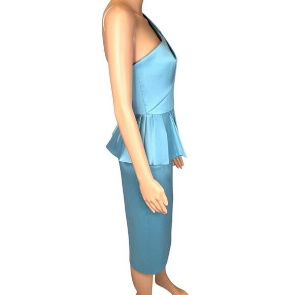 Aidan Mattox One-Shoulder Peplum Cocktail Midi Dress Aquamarine Blue Size 0 - Picture 6 of 15